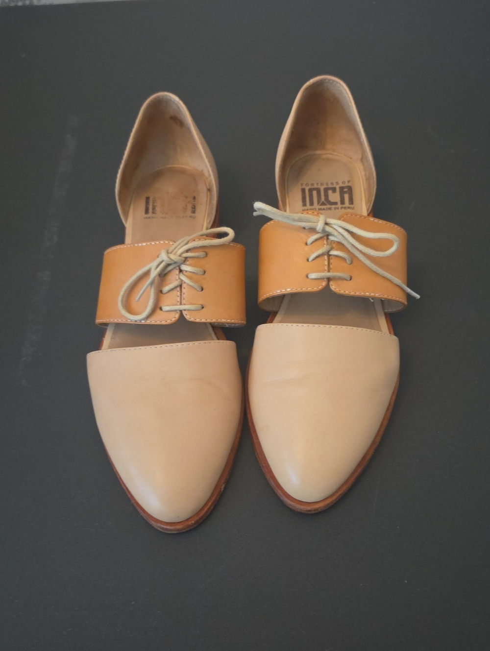 FORTRESS OF INCA Two-Tone Beige and Tan Pointed Lace-Up Flats